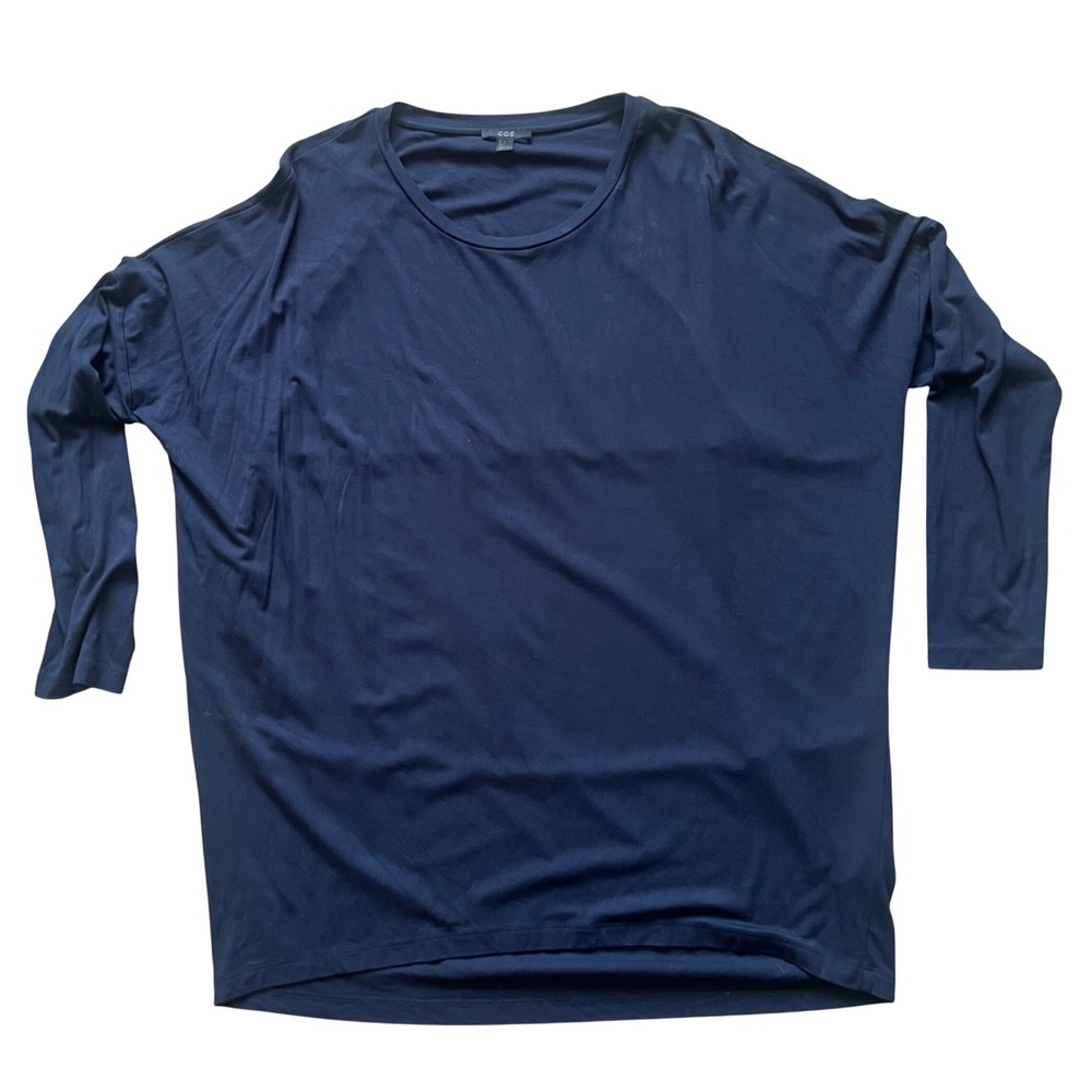 COS Navy Blue Silk Mixed Media Long Sleeve Oversized Top Large Contemporary Chic